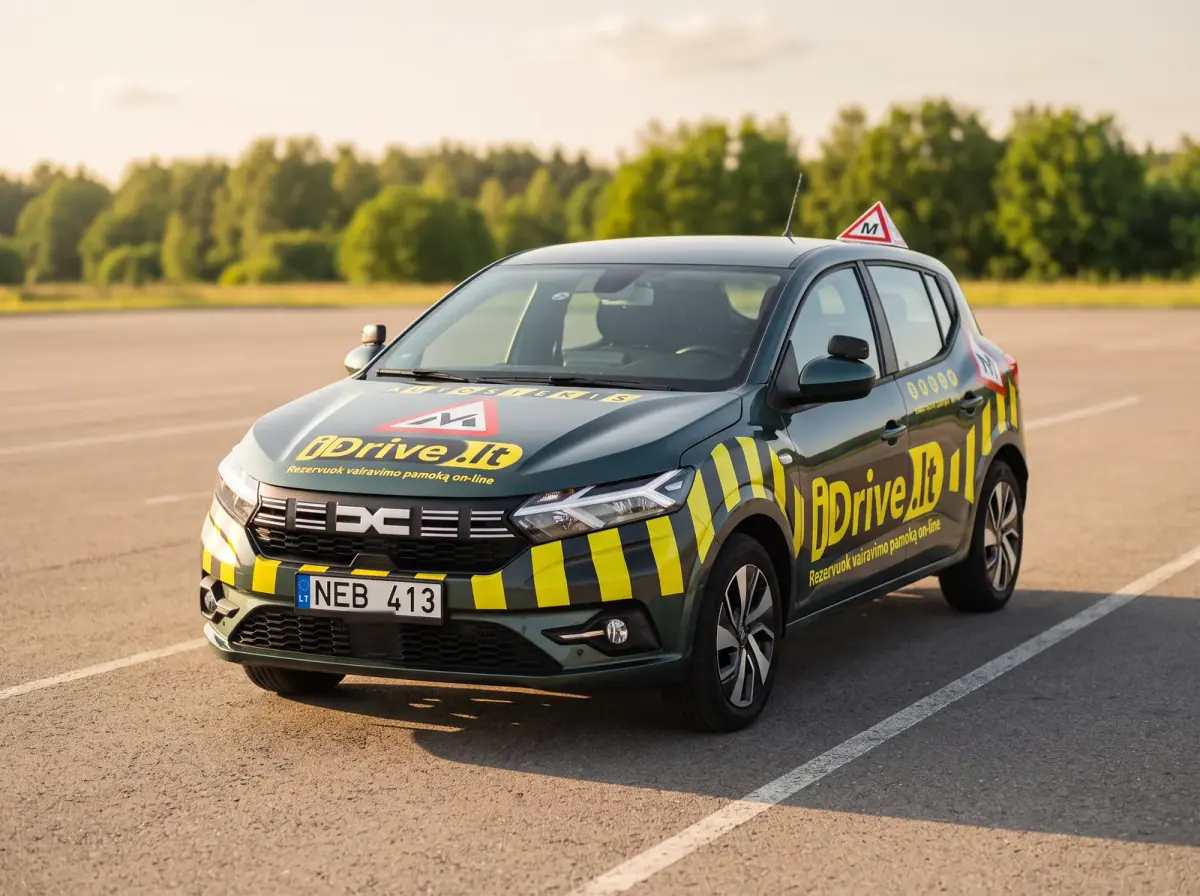 Tamsiai žalia Dacia Sandero — Autosiekio mokomasis automobilis su mechanine pavarų dėže